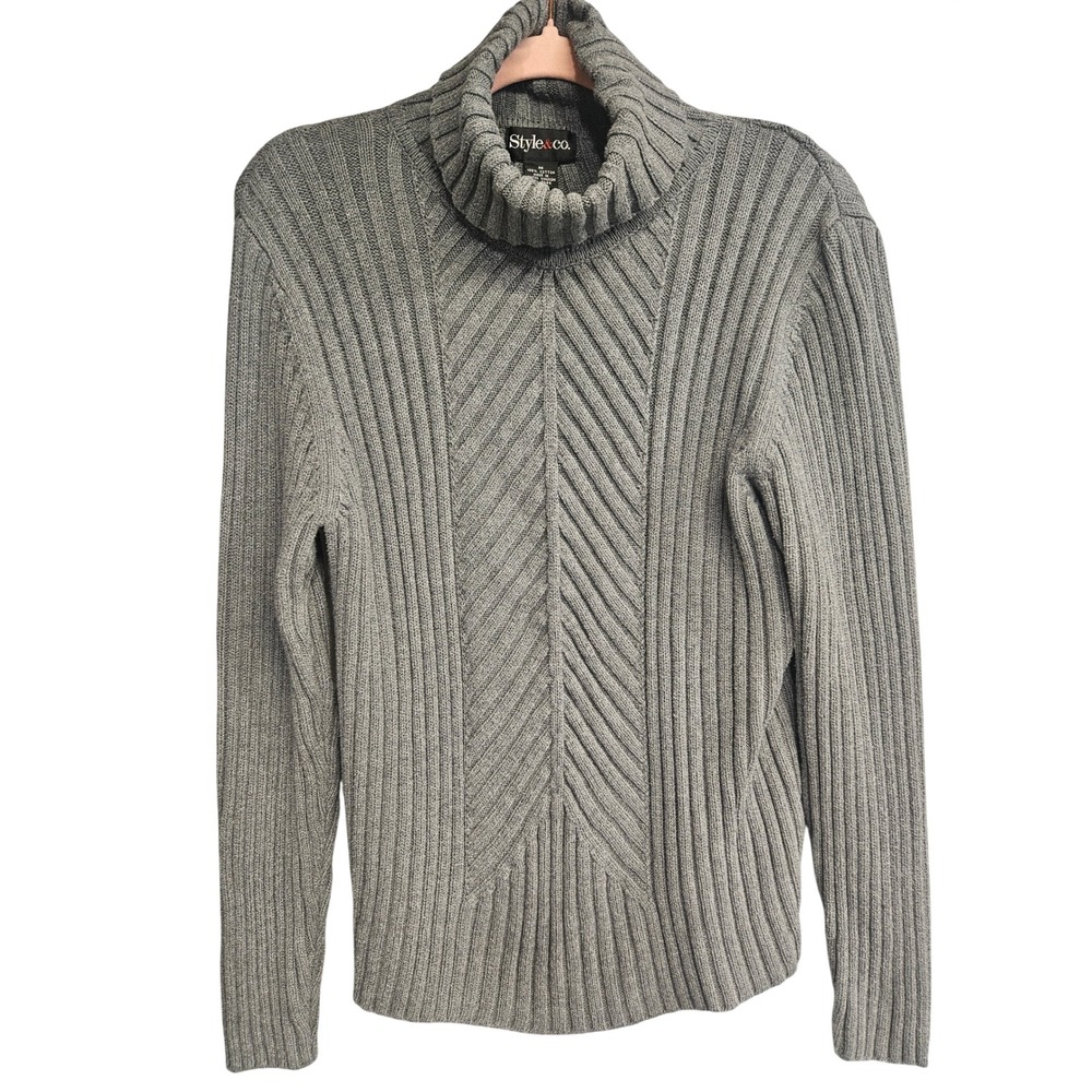 Style & Co Womens Grey Ribbed Chevron Turtleneck Cotton Sweater Size M UK Made
